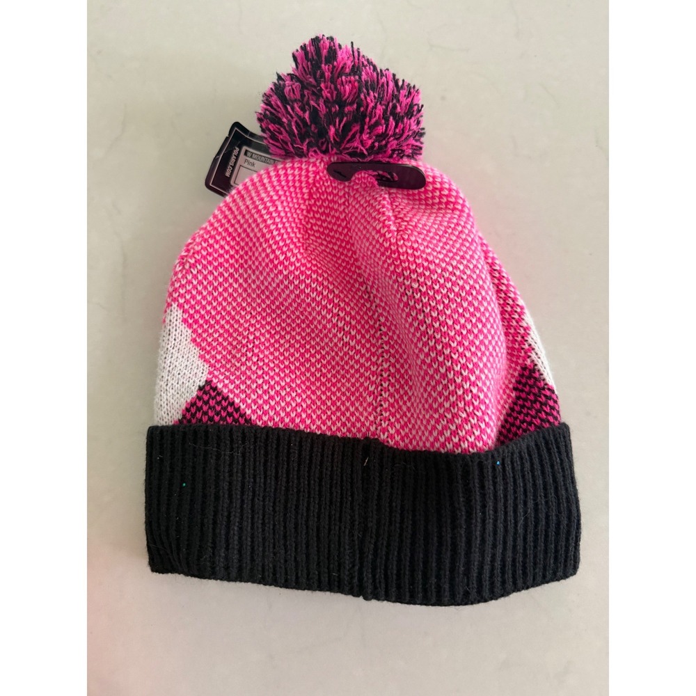 Polaris Pink Black Mountain Beanie Knit Hat Fleece Lined Pom‎ Pom OS NWT - Picture 3 of 4